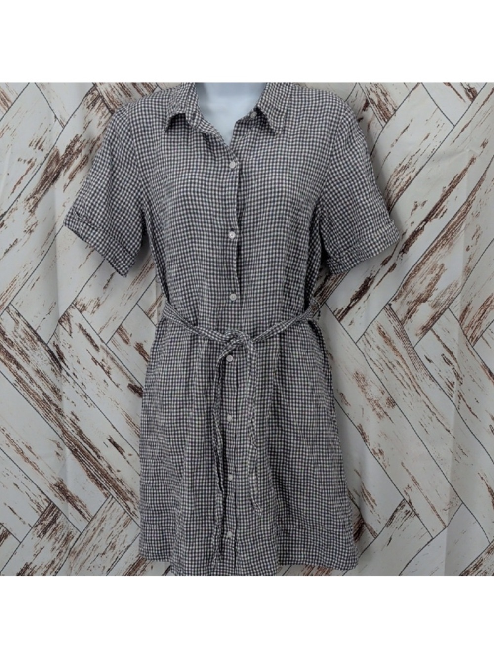 Aritzia Brown and Cream Gingham Tie-Waist Shirt Dress